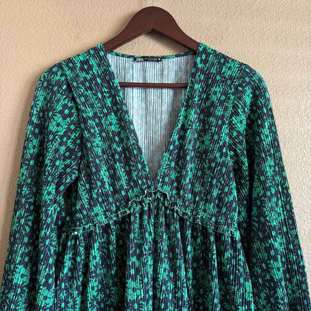 Zara Green and Dark Blue Long Sleeve Mini Dress Size Medium - Picture 3 of 10